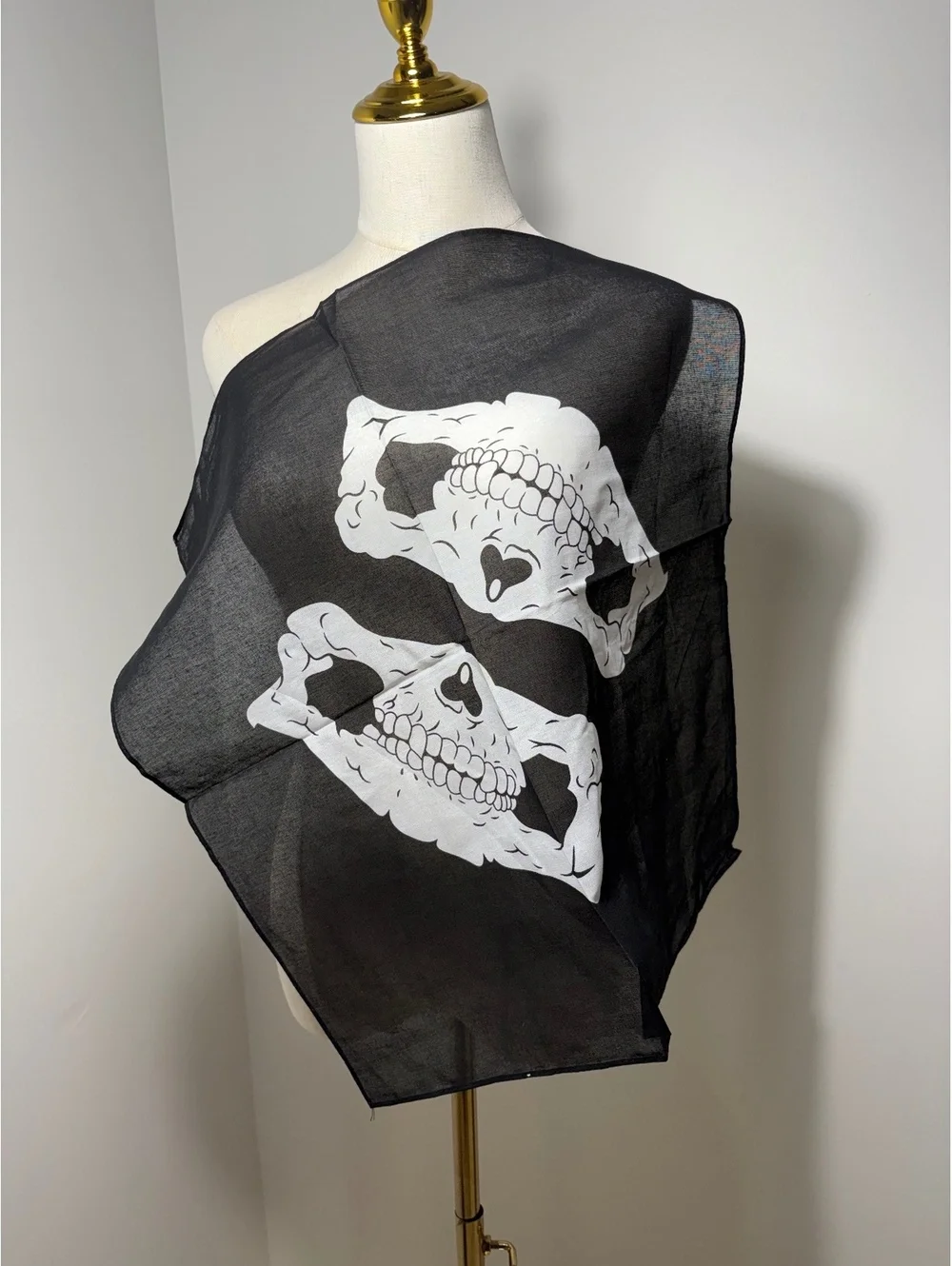 Black Square Scarf with White Skull Design - New Without Tags